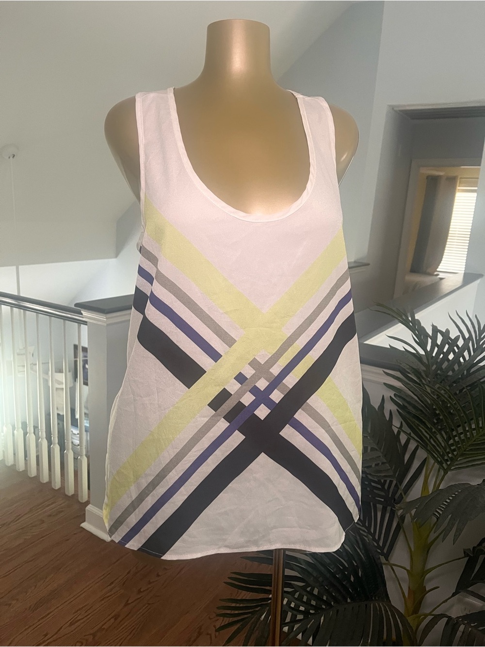 White Tank Top with Multicolor Geometric Stripe Detail